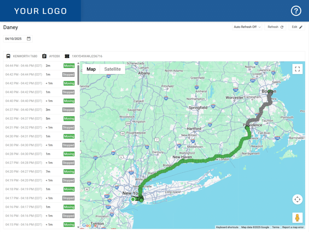 An interface of a white-label fleet tracking portal showing a mapped out route with indicators of the vehicle moving and stopping during the route.