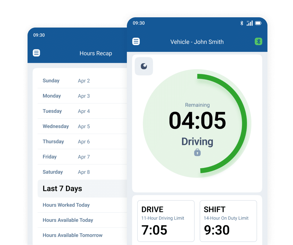 An ELD app interface showing an Hours Recap screen for the last 7 days, with the second visual showing the remaining driving time that falls under the 11-hour driving limit and 14-hour on-duty limit.
