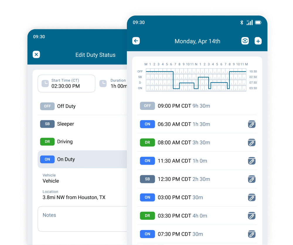 A white-label ELD app interface, showing driver duty status log list on April 14 on one screen and duty status edit window on the other.