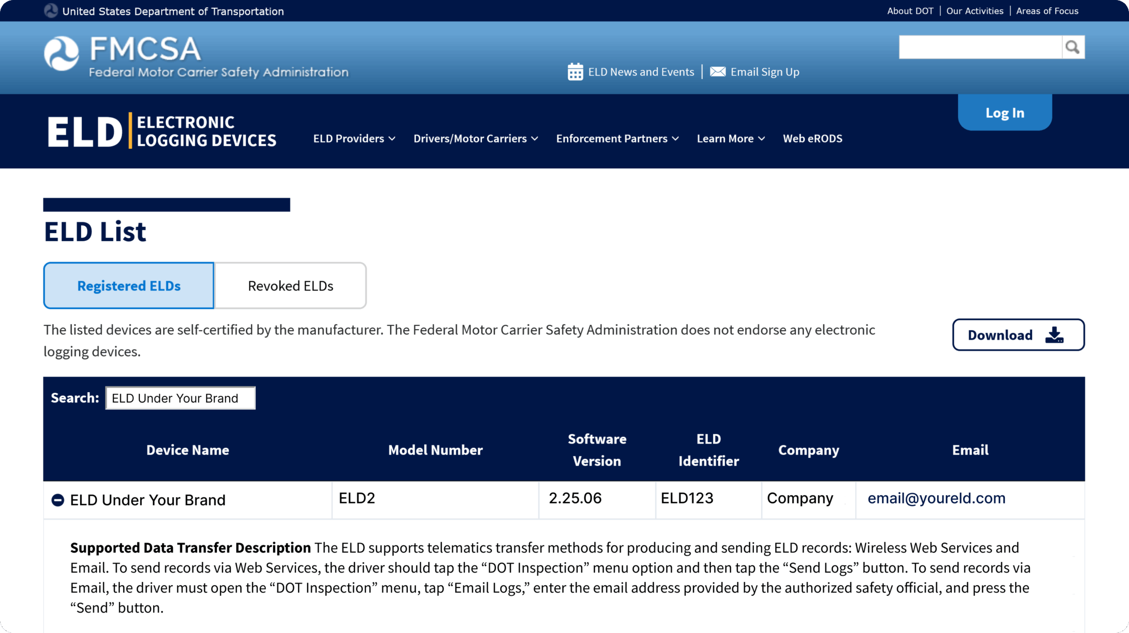 A screenshot from the FMSCA depicting the list of registered ELDs in which users can search for their device to confirm it is certified.
