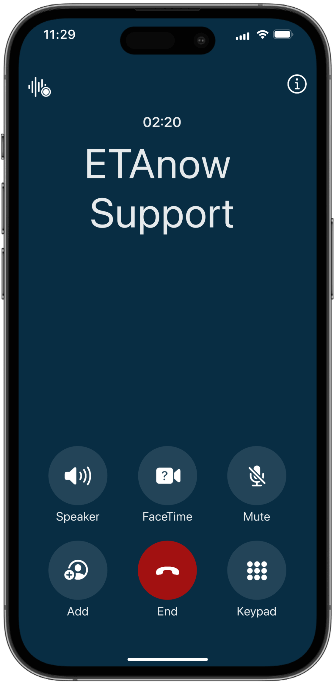 A view of a phone screen displaying a call with the ETAnow support team.