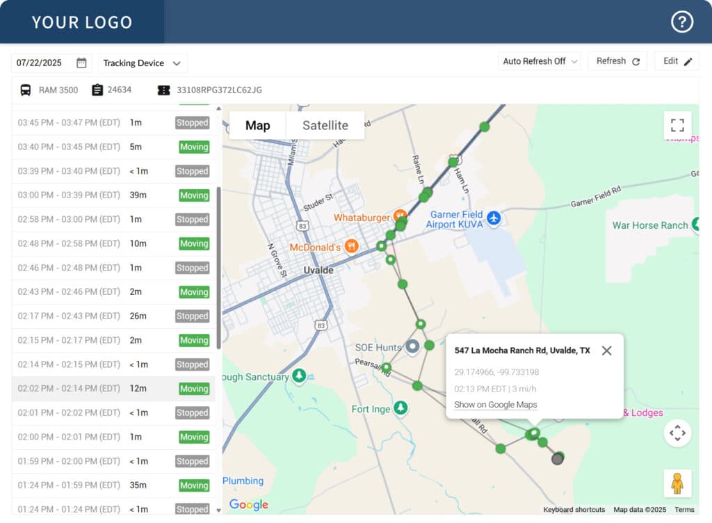 Live GPS fleet tracking dashboard showing vehicle movement history and location pins on a map in Uvalde, TX, with timestamps, statuses, and satellite view options.