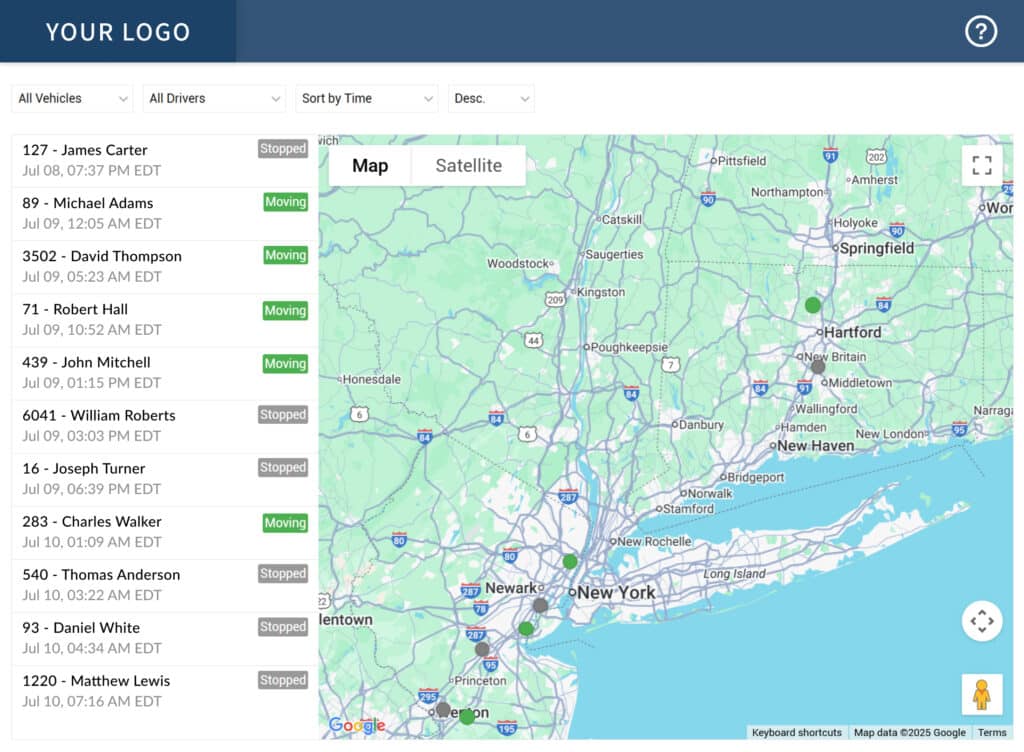 A GPS fleet tracking portal displaying a mapped out route with accurate indicators of the vehicle moving and stopping.