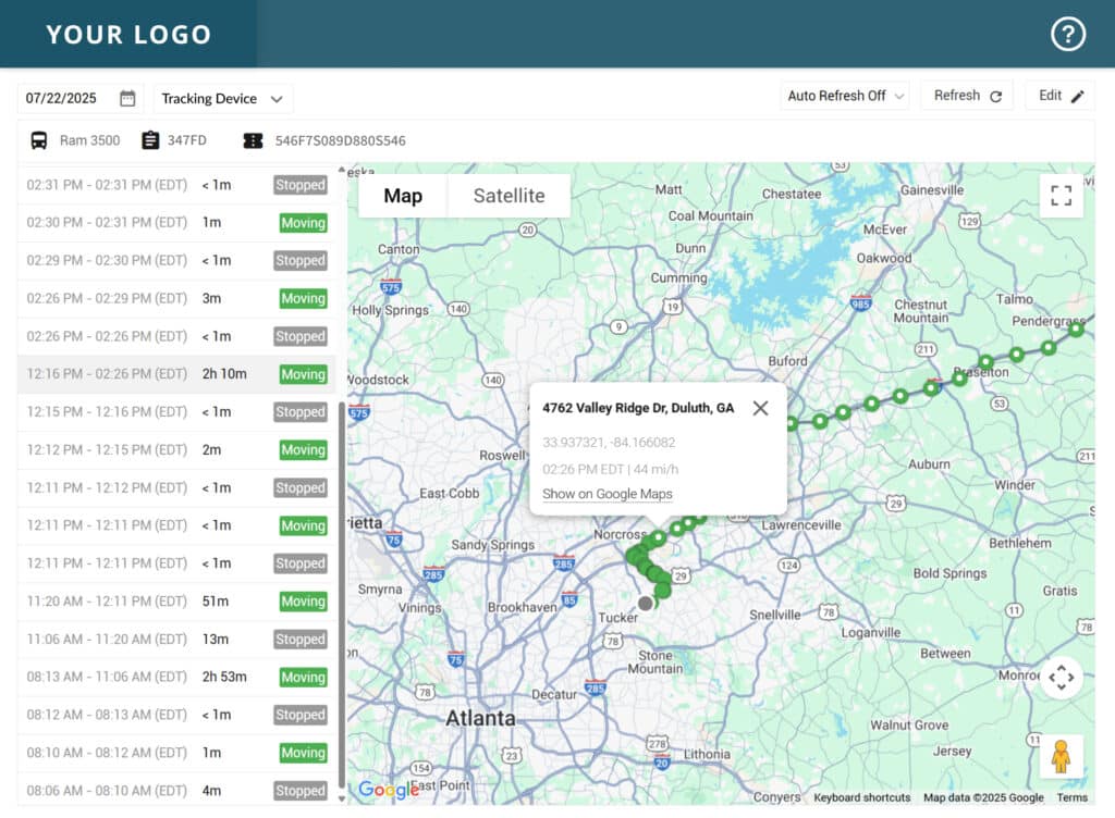 Trailer tracking dashboard showing real-time GPS location history, movement status, and route map in Uvalde, Texas.