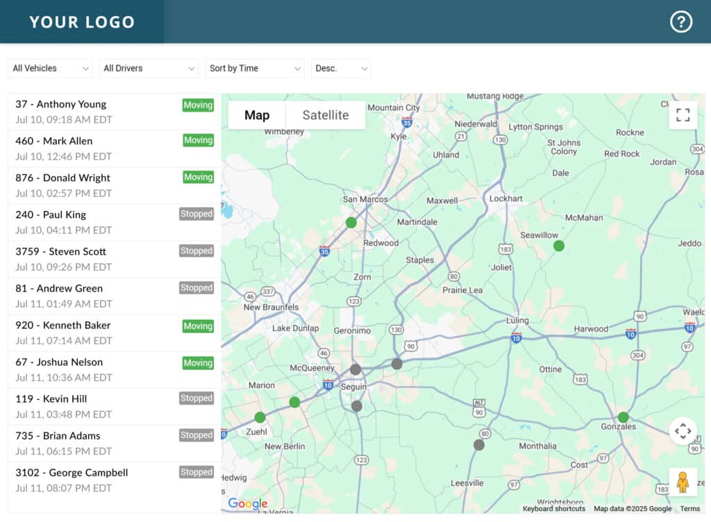 A GPS fleet trailer tracking portal showing a mapped route with precise markers indicating vehicle movement and stops.