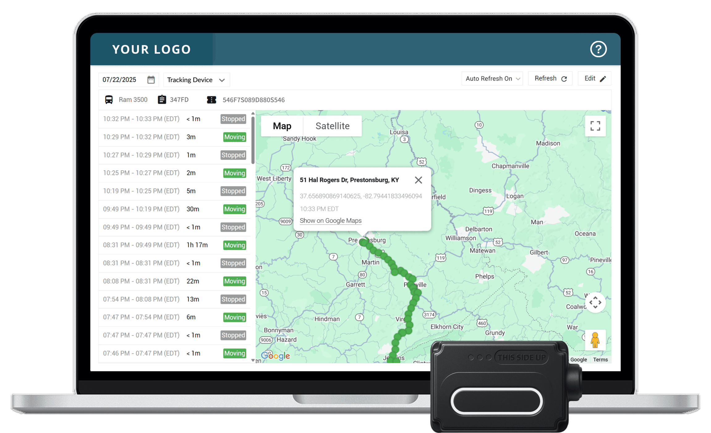GPS trailer tracking portal displayed on a laptop, showing real-time movement history and location data on a map in Prestonsburg, Kentucky, with a tracking device shown in front.