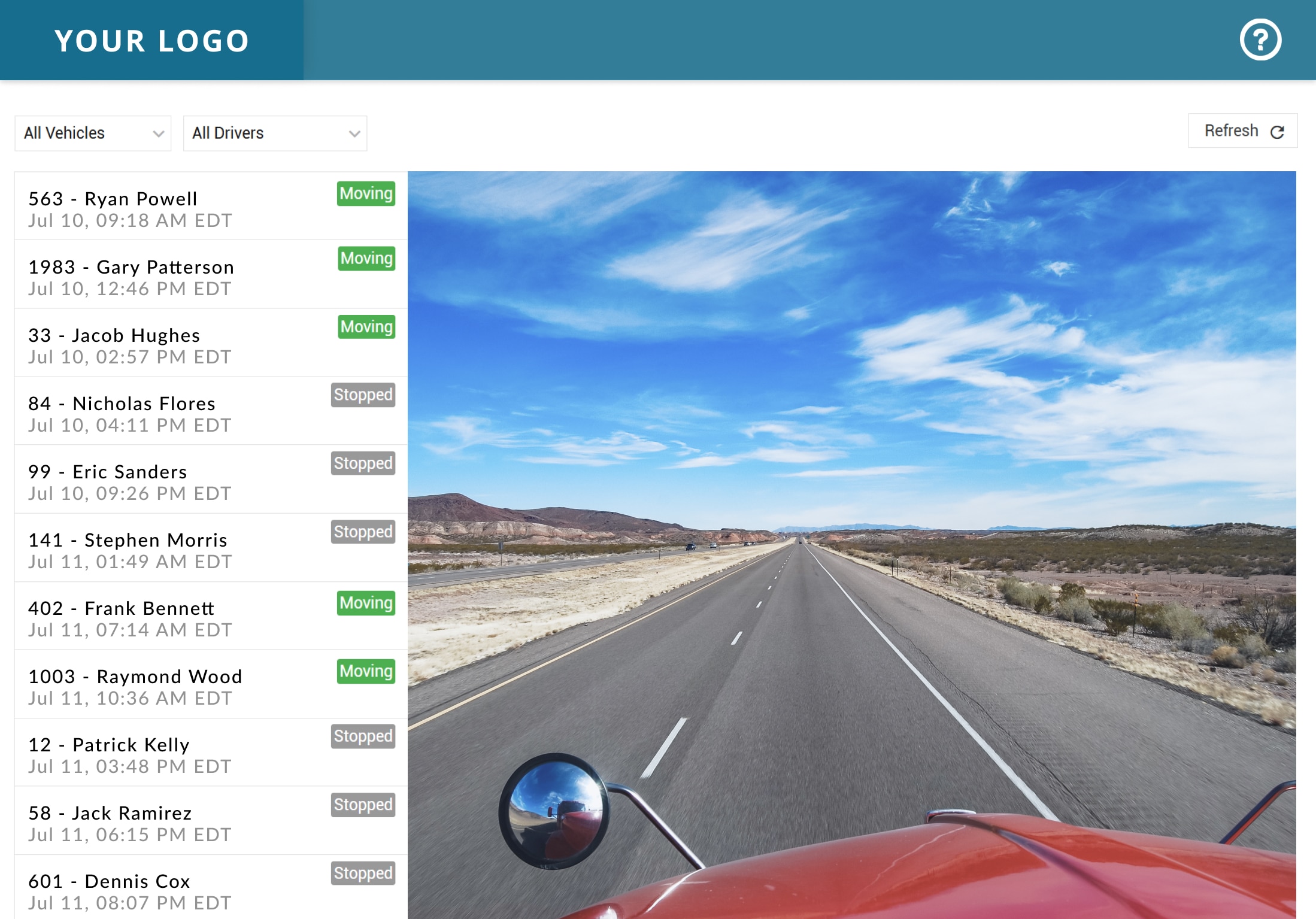 A white-label dashcam portal displaying a live video coming from a vehicle's dashcam.