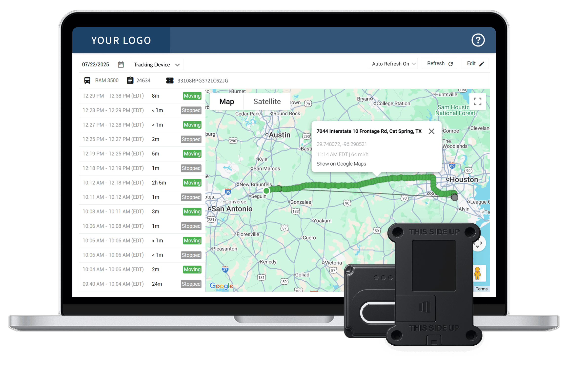White-label electronic logging device (ELD) portal displayed on a laptop, showing where the vehicle moved and stopped along the route, with a compact ELD hardware device in the foreground.