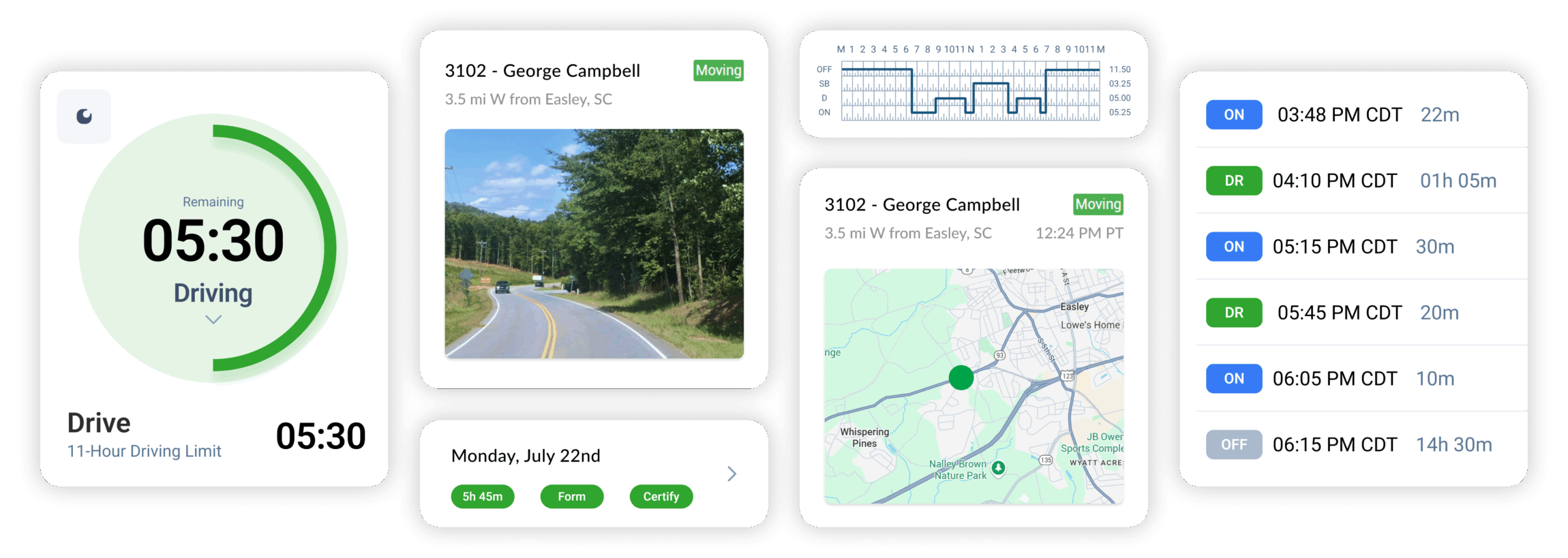 Fleet management dashboard showing remaining driving hours countdown with 12:05 left under the 11-hour HOS limit.