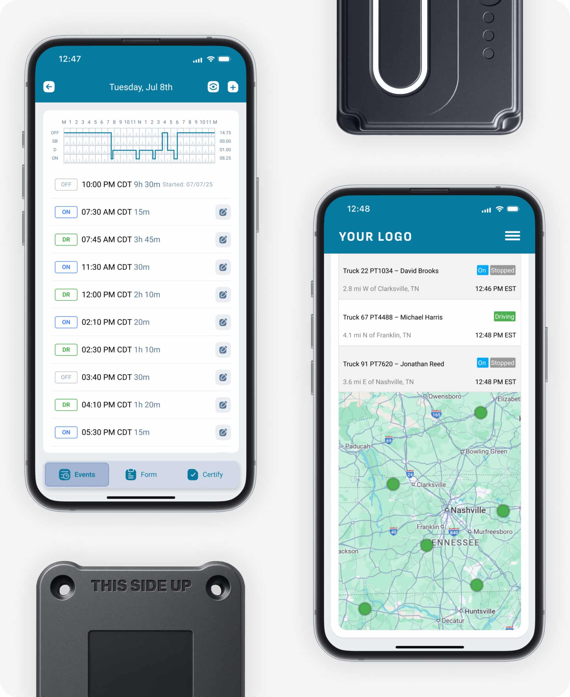 Two smartphones showing fleet management apps next to an electronic logging device.