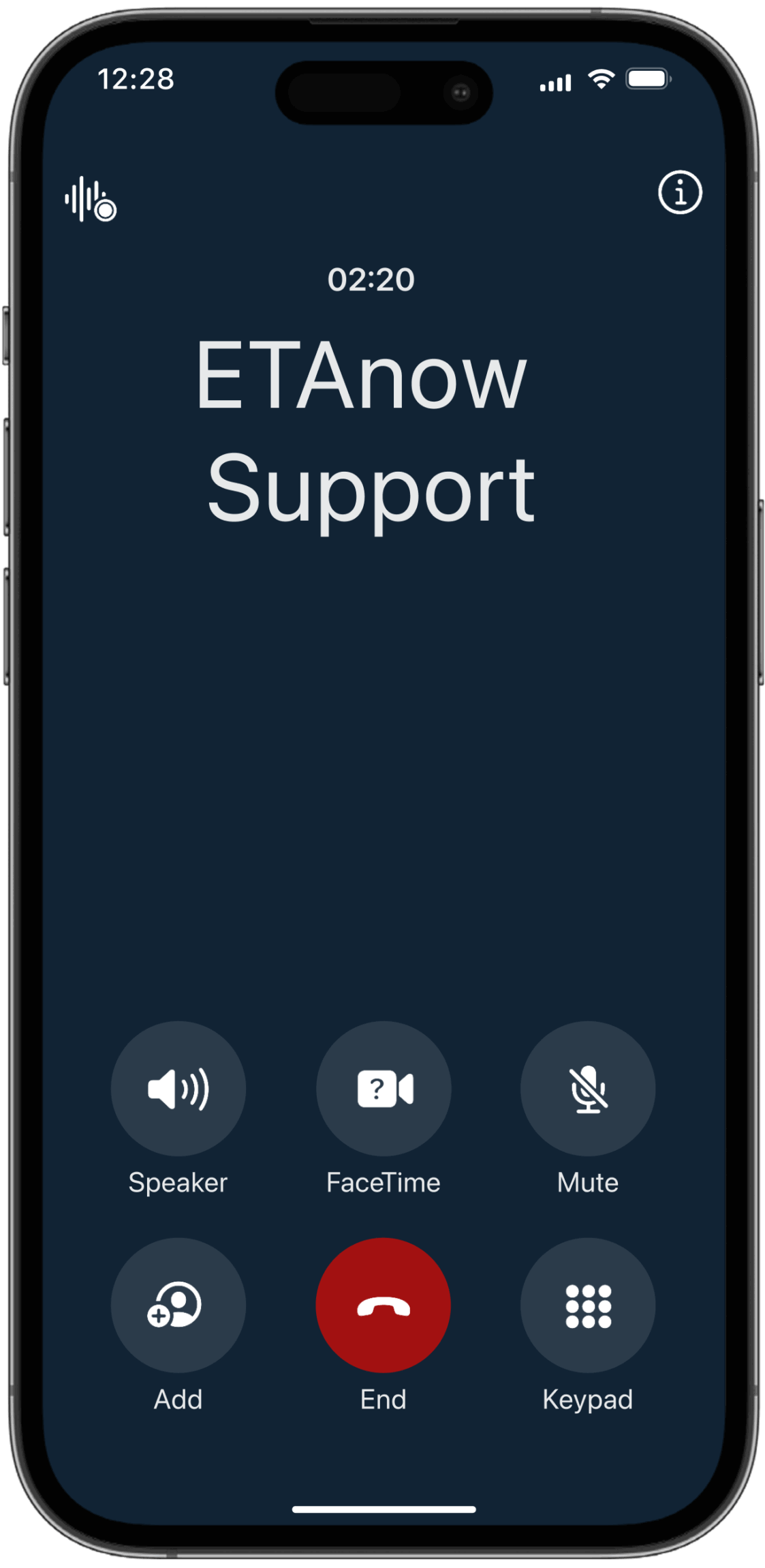 A phone screen showing an active call with the ETAnow support team.