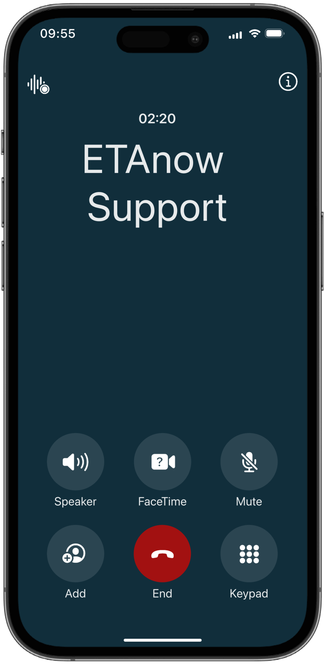 A mobile display featuring an ongoing support call with ETAnow.